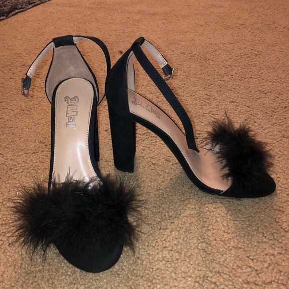 black fuzzy heels